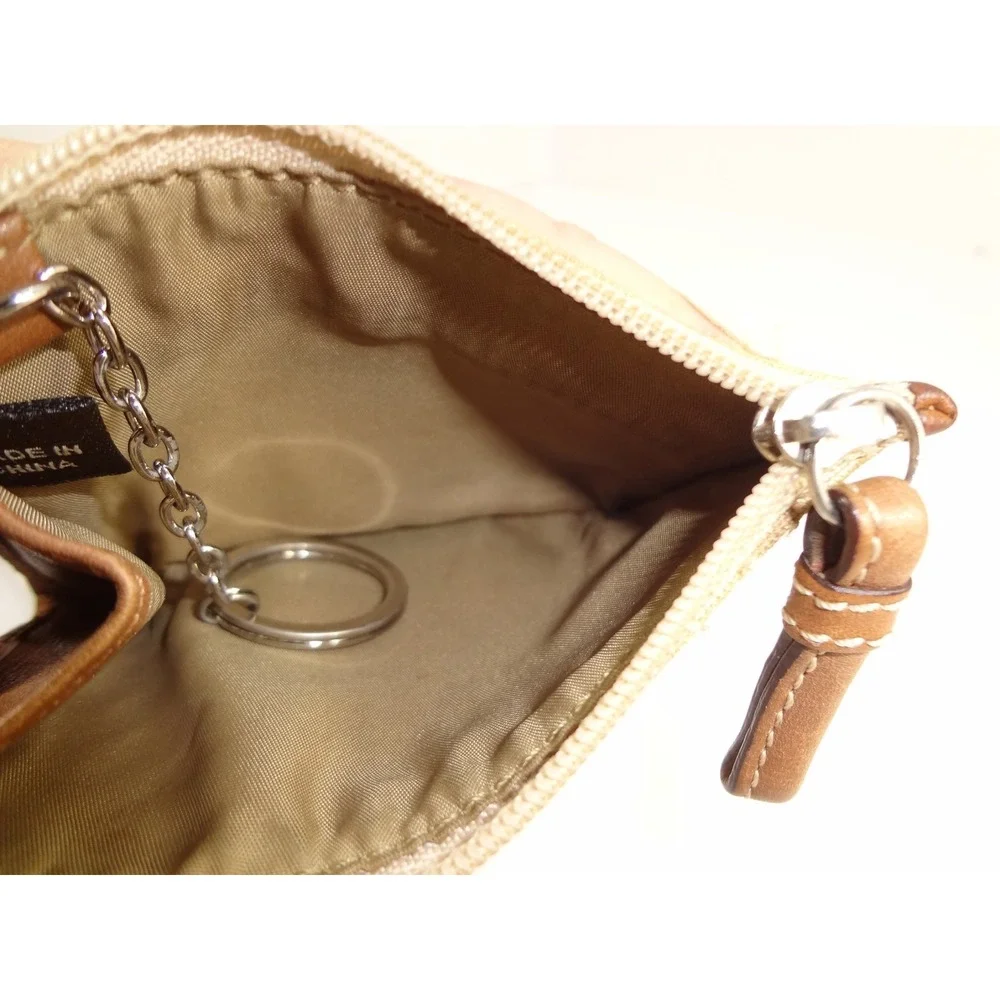 Coach Signature Jacquard‎ Mini Skinny ID Case Khaki Tan Leather Trim Zip Wallet